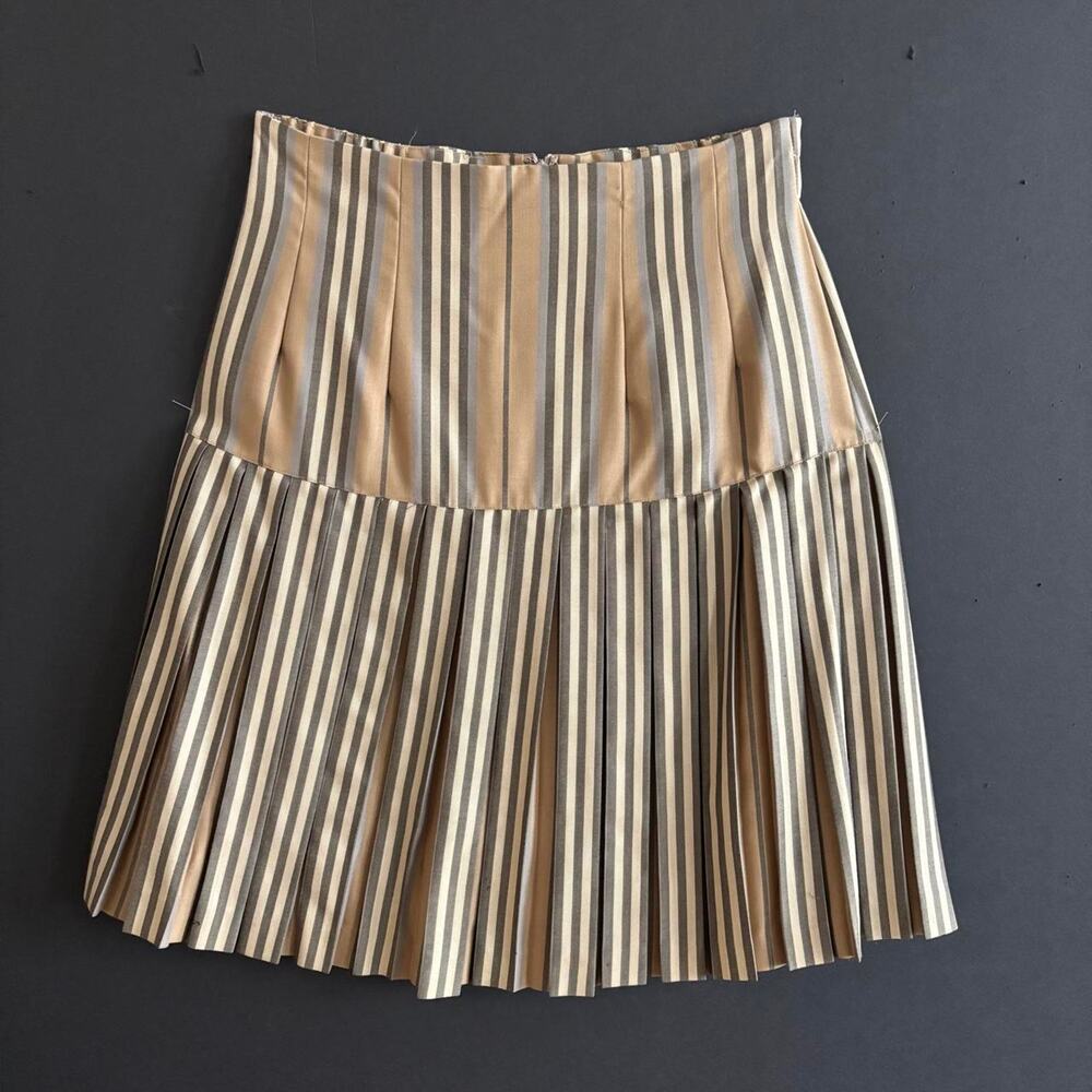 Vintage 90s Striped Pleated Low Rise Skirt Beige Gray Preppy - Size 40/Size 6